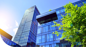 High rise Building and sky with green try out front.